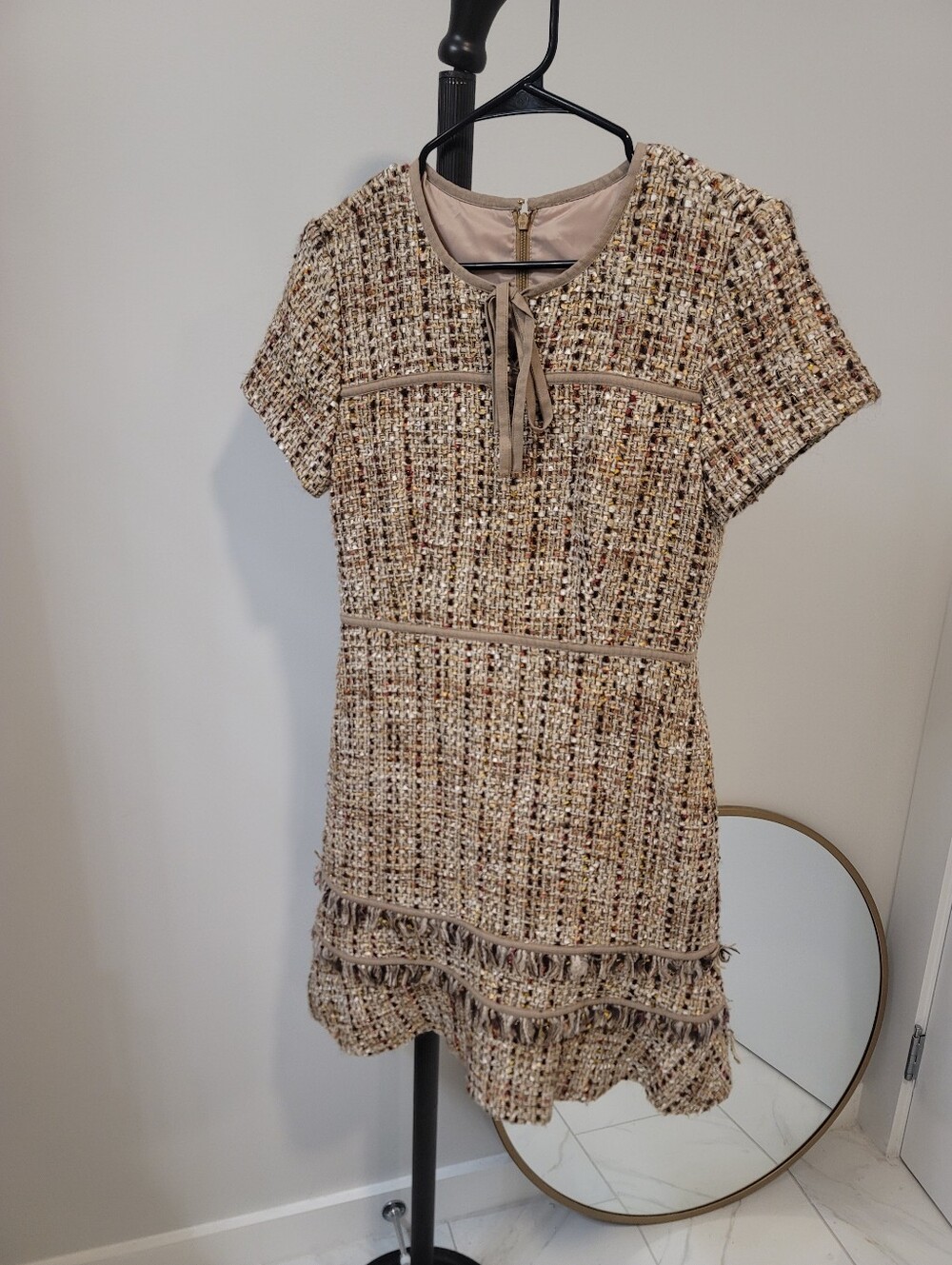 $598 Tory Burch Tie Neck Tweed Dress Ribbon Basketweave Size 6